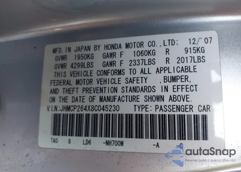 2008 Honda Accord 2.4 Lx-P z USA, uszkodzony, nr VIN JHMCP264X8C045230